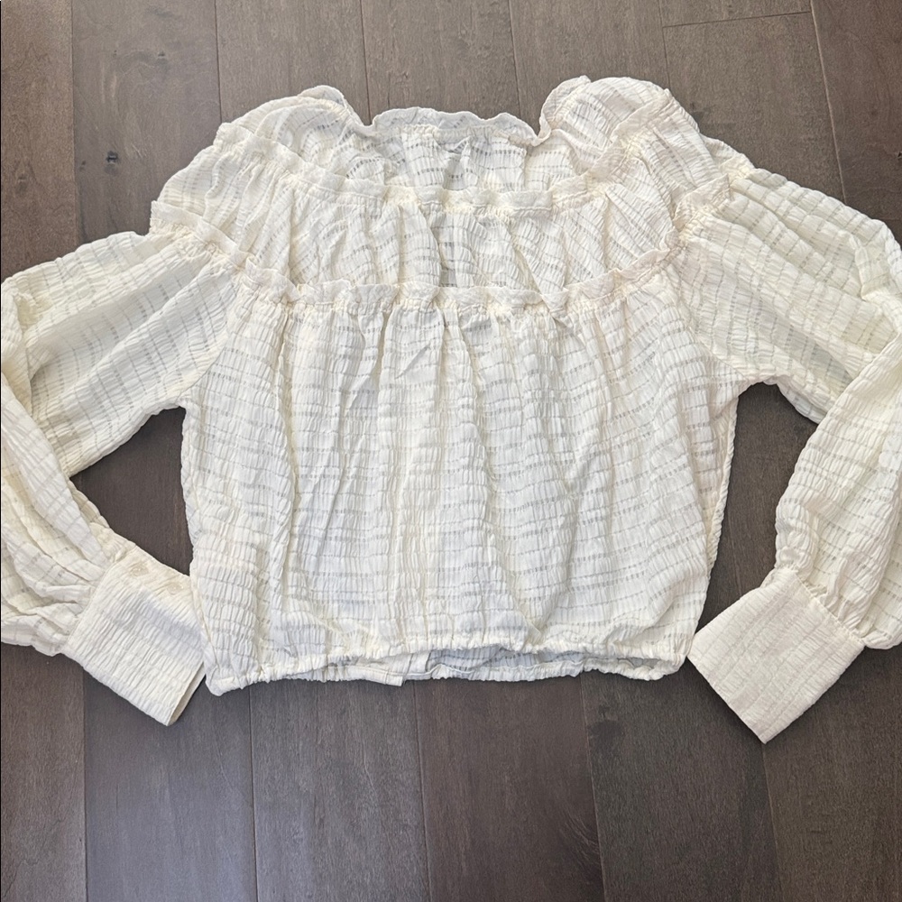 Free People Hailey Crop Blouse XS Ivory Boho Ruffle Tie Front Peasant Top - Picture 4 of 7